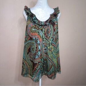 Milly of New York 100% Silk Paisley Boho Sleeveless Ruffled Scoop Blouse Size 8